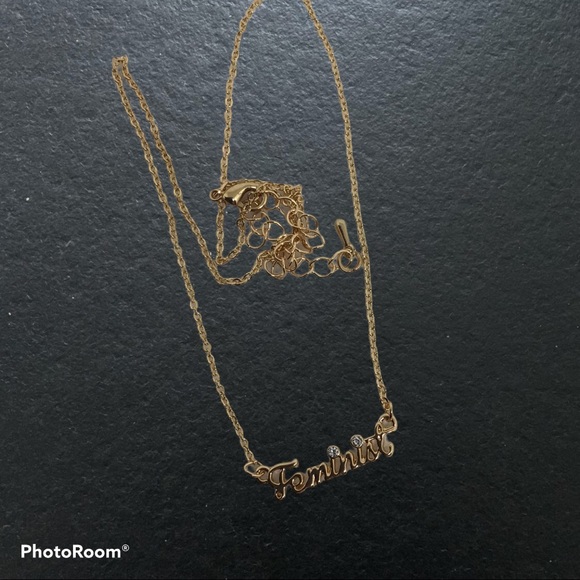 Small Gold tone w Rhinestones Feminist Necklace - Picture 3 of 8